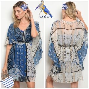Blue / Ivory Tribal print Bat Wing Cape Mini Dress